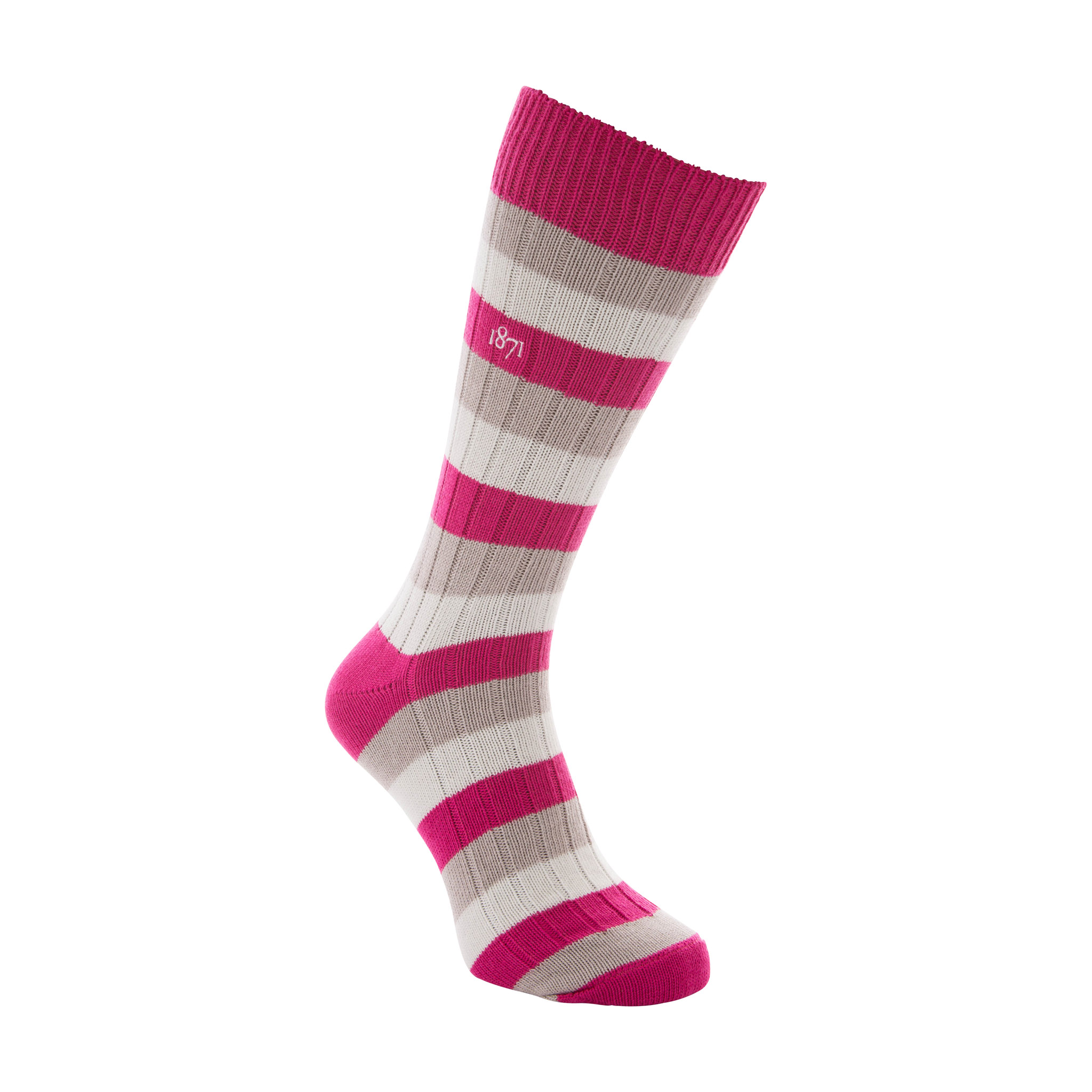 Cotton raspberry, grey and white stripe sock - side view