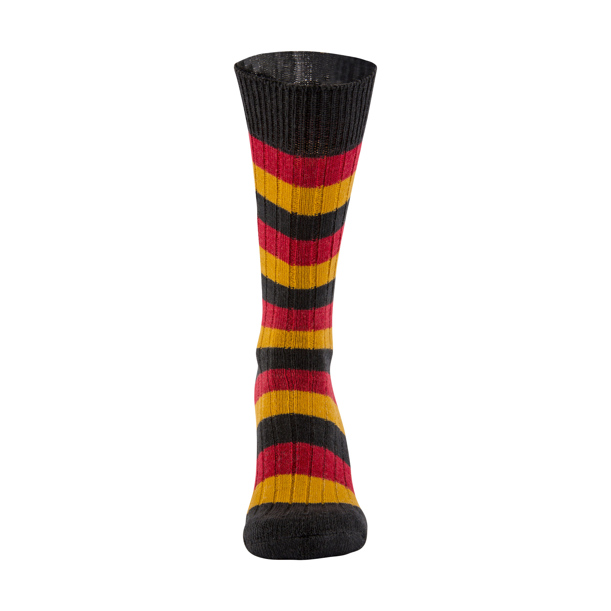 Merino Wool black, red and mustard stripe sock - front view