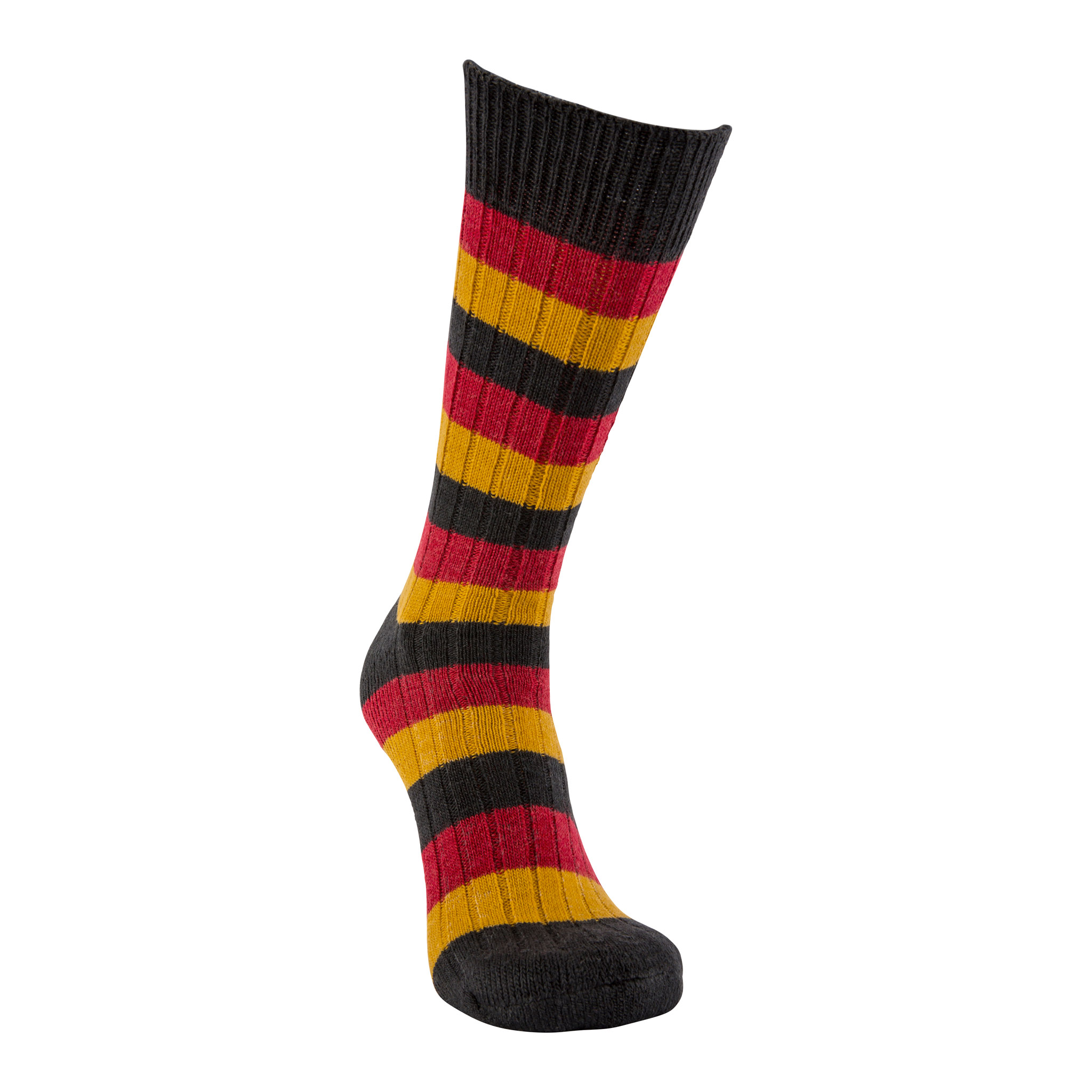 Merino Wool black, red and mustard stripe sock - side view