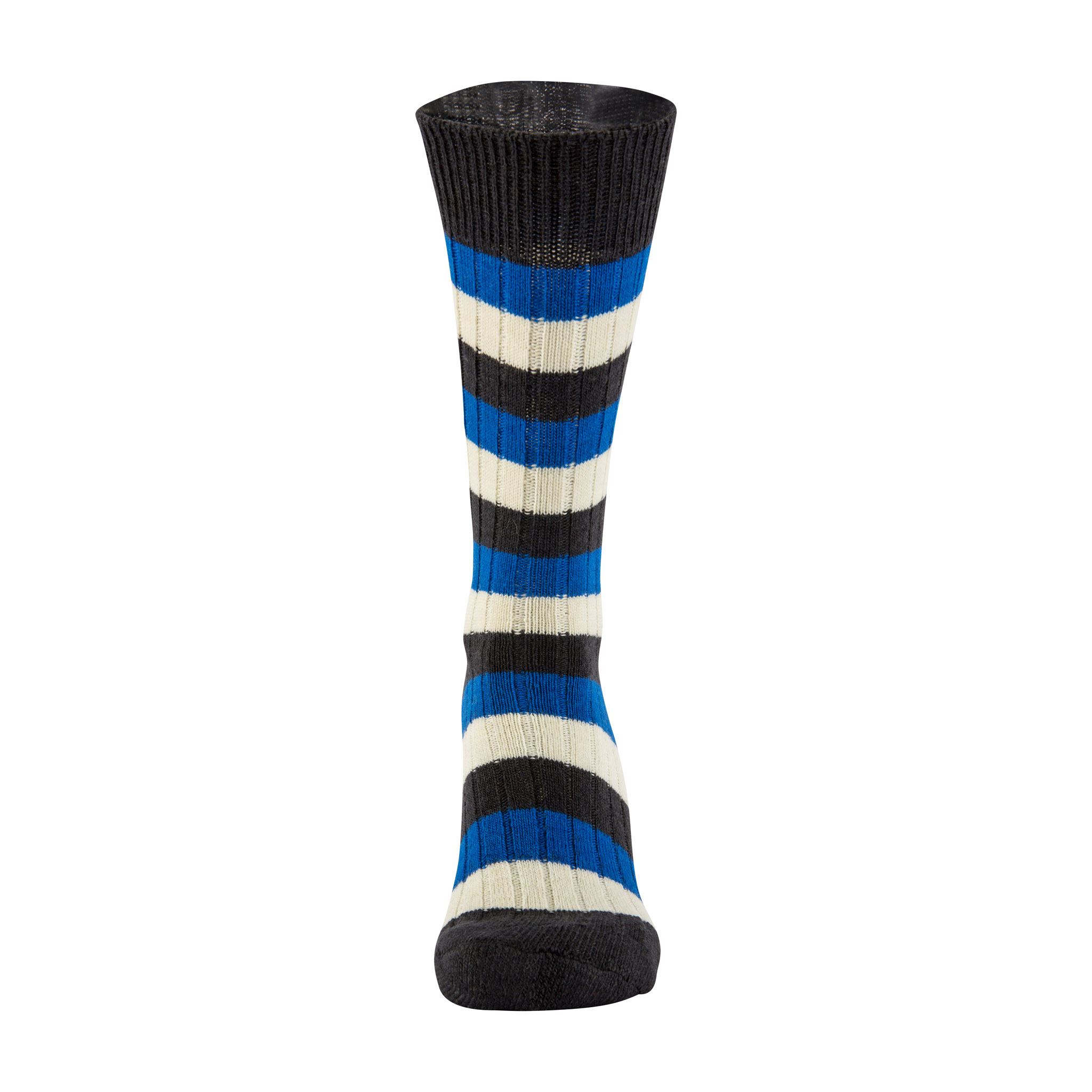 Merino Wool black, blue and white stripe sock - front