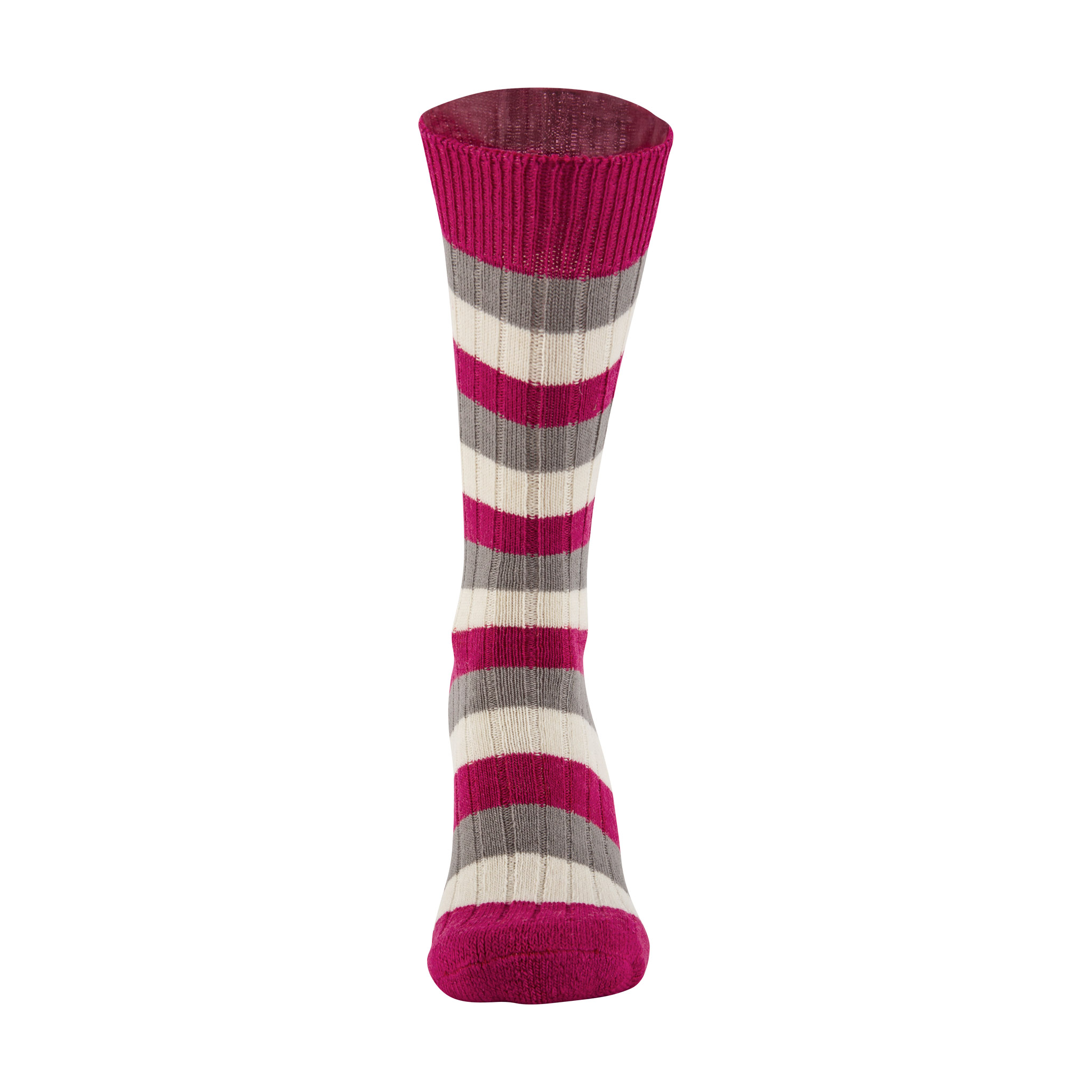 Merino Wool raspberry, grey and white stripe sock - front