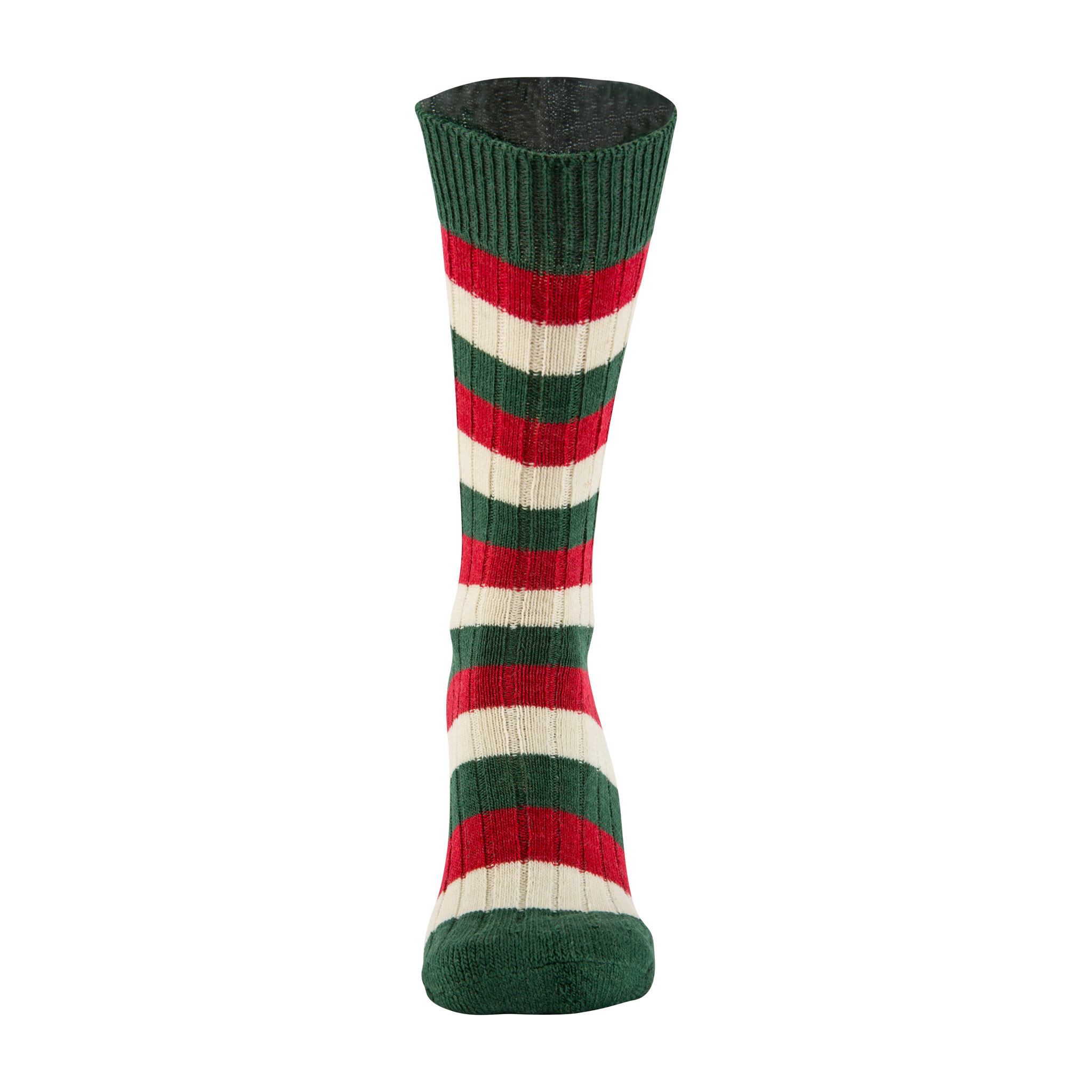 Merino Wool green, red and white stripe sock - front