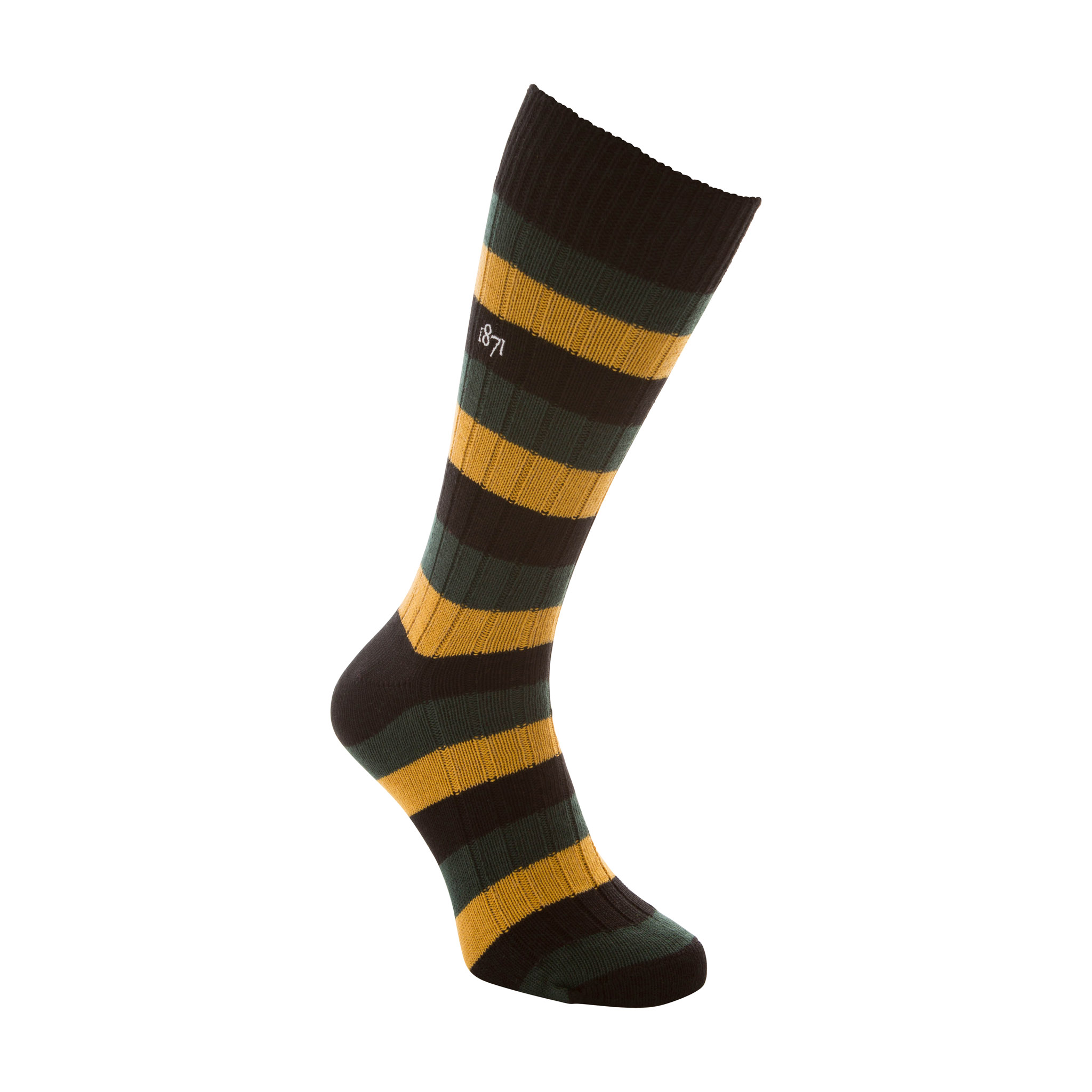 Cotton black, green and mustard stripe sock - side view