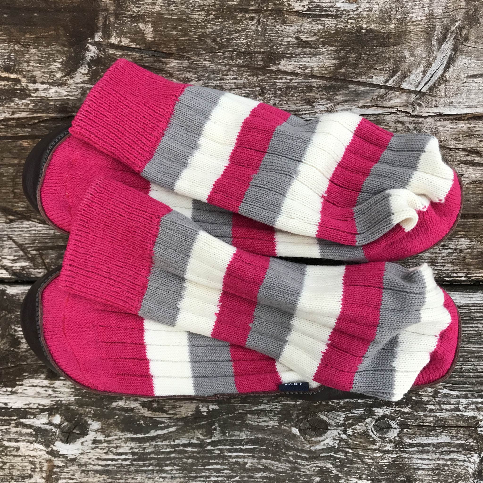 Slipper Sock raspberry, grey and white stripe - overhead view