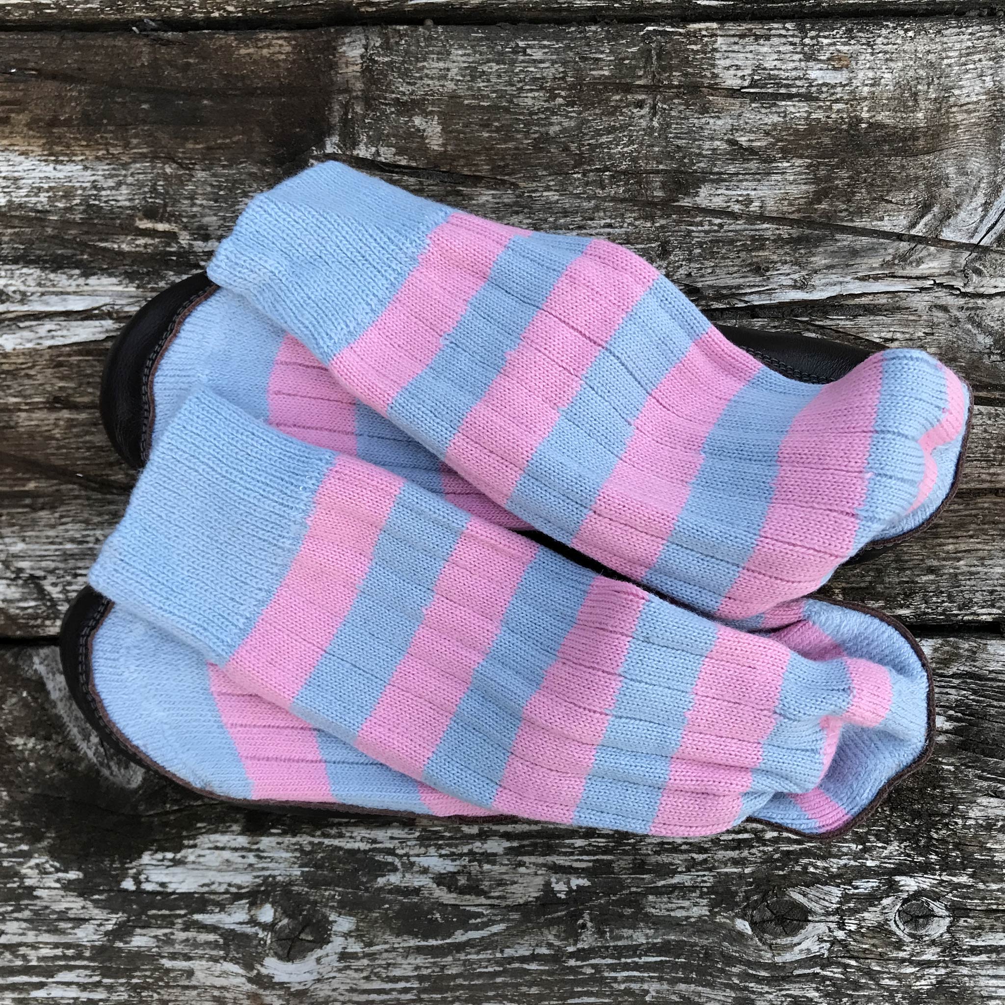 Slipper Sock sky blue and pink stripe - overhead view