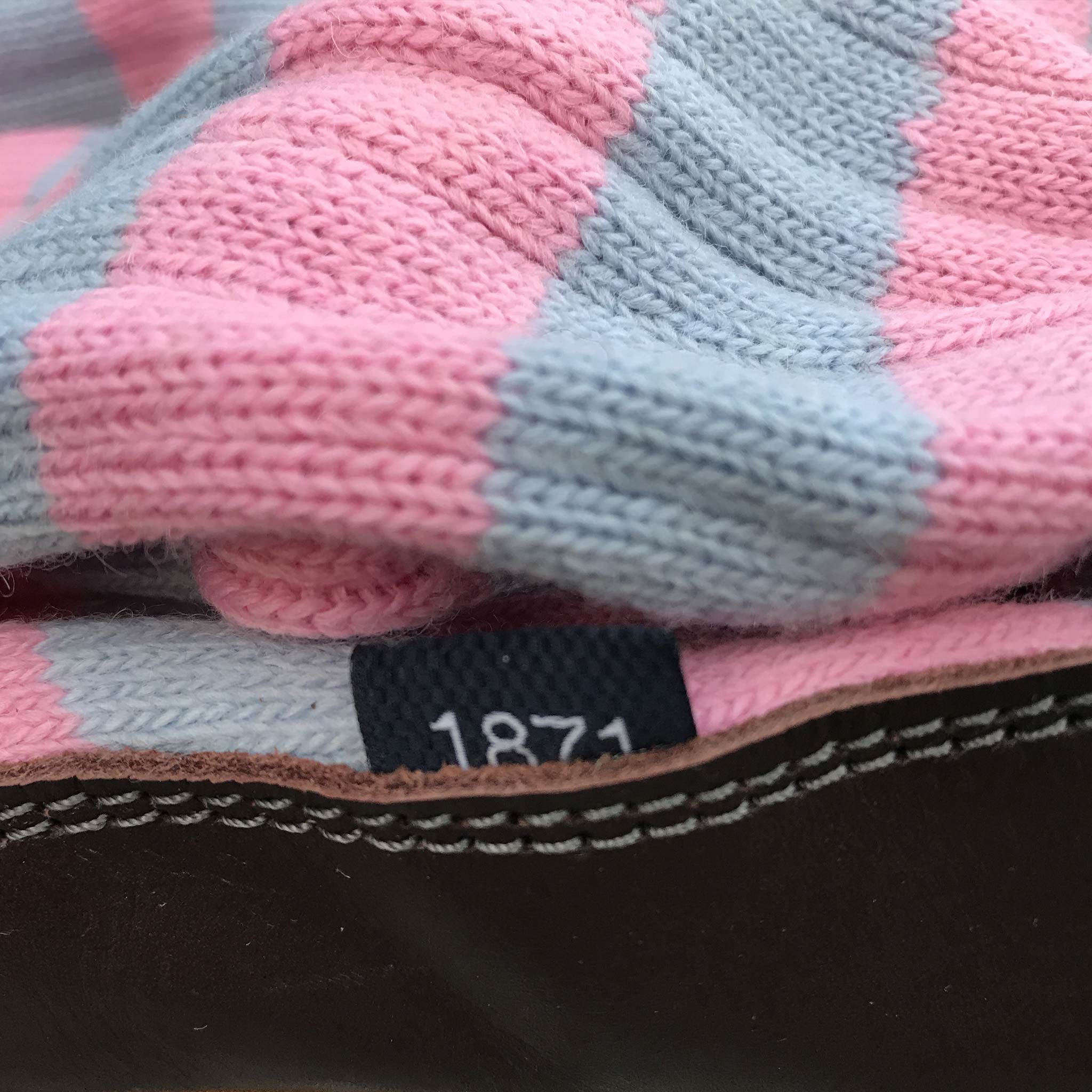 Slipper Sock sky blue and pink stripe - closeup