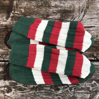 Slipper Sock red, green, white stripe - overhead view