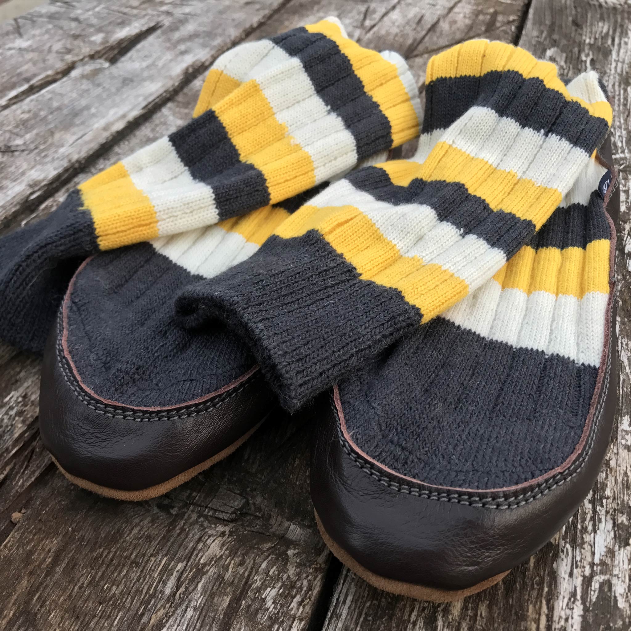 Slipper Sock yellow, black, white stripe - front view