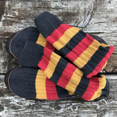 Slipper Sock Black Red And Mustard Stripe - Overhead View