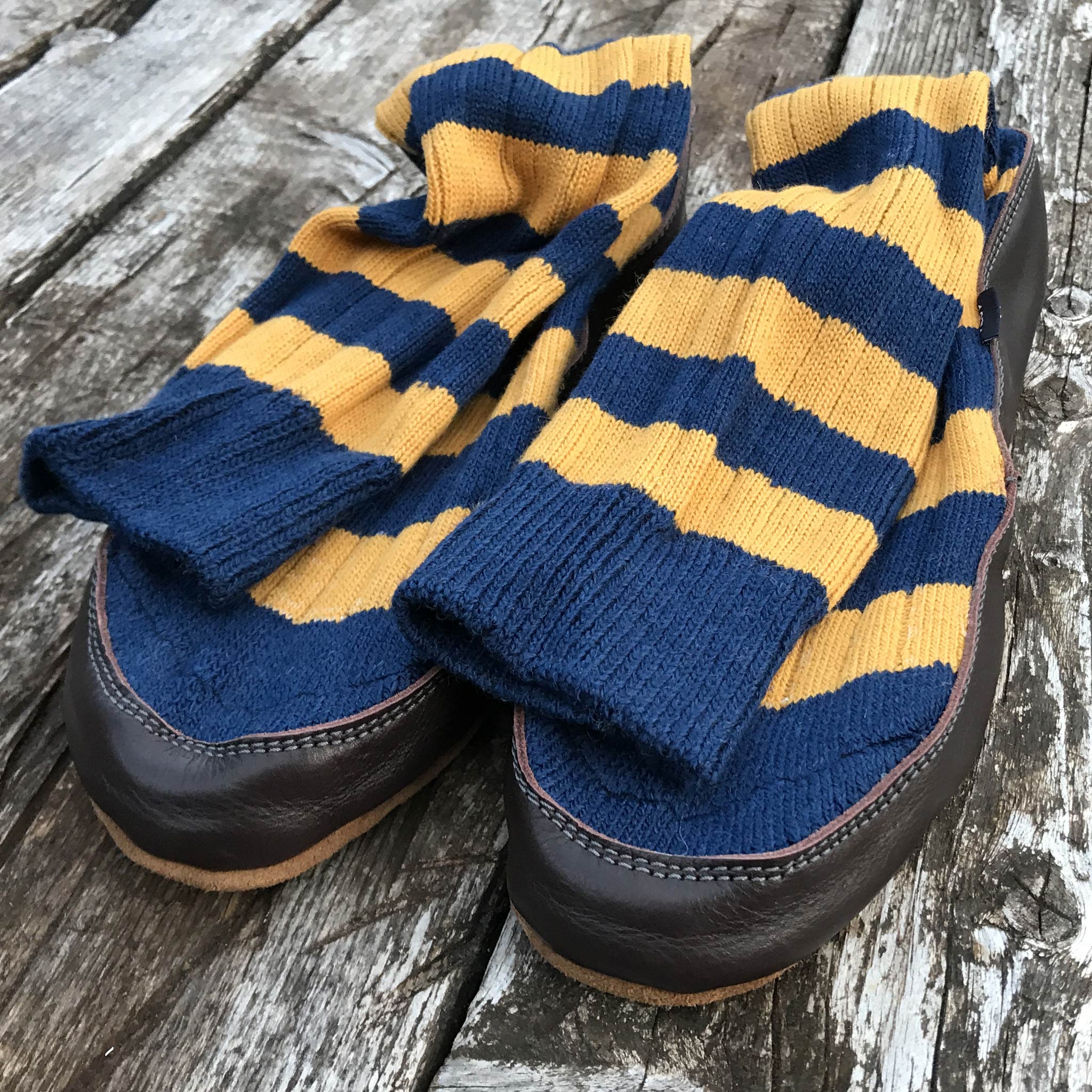 Slipper Sock blue and mustard stripe - front view