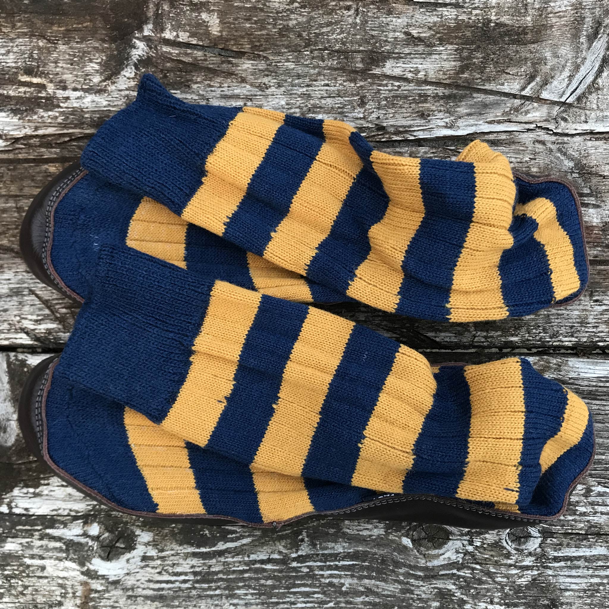 Slipper Sock blue and mustard stripe - overhead view