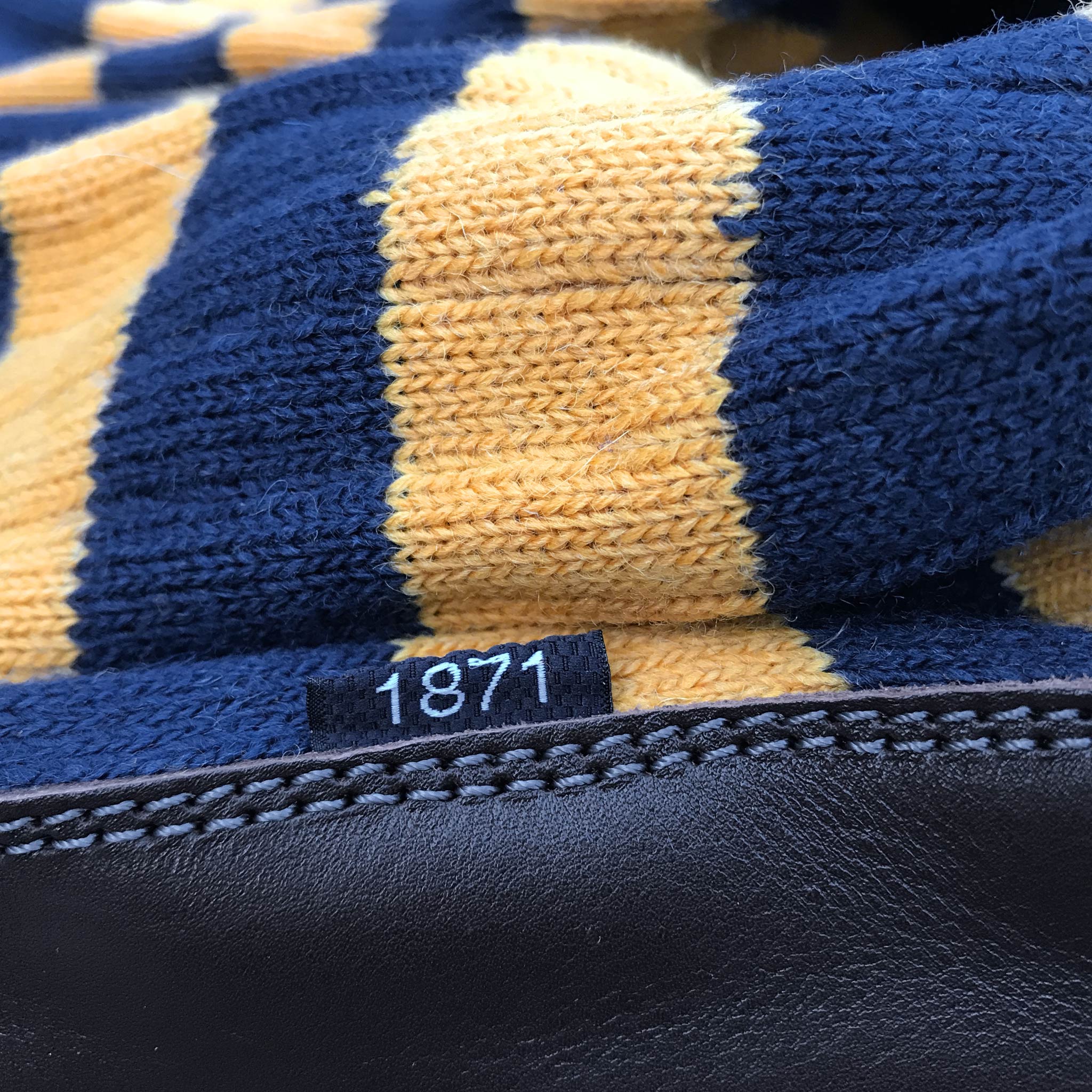 Slipper Sock blue and mustard stripe - closeup