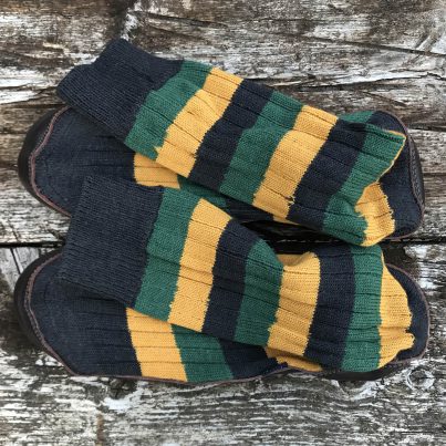 Slipper Sock Black, Green And Mustard Stripe - Overhead View