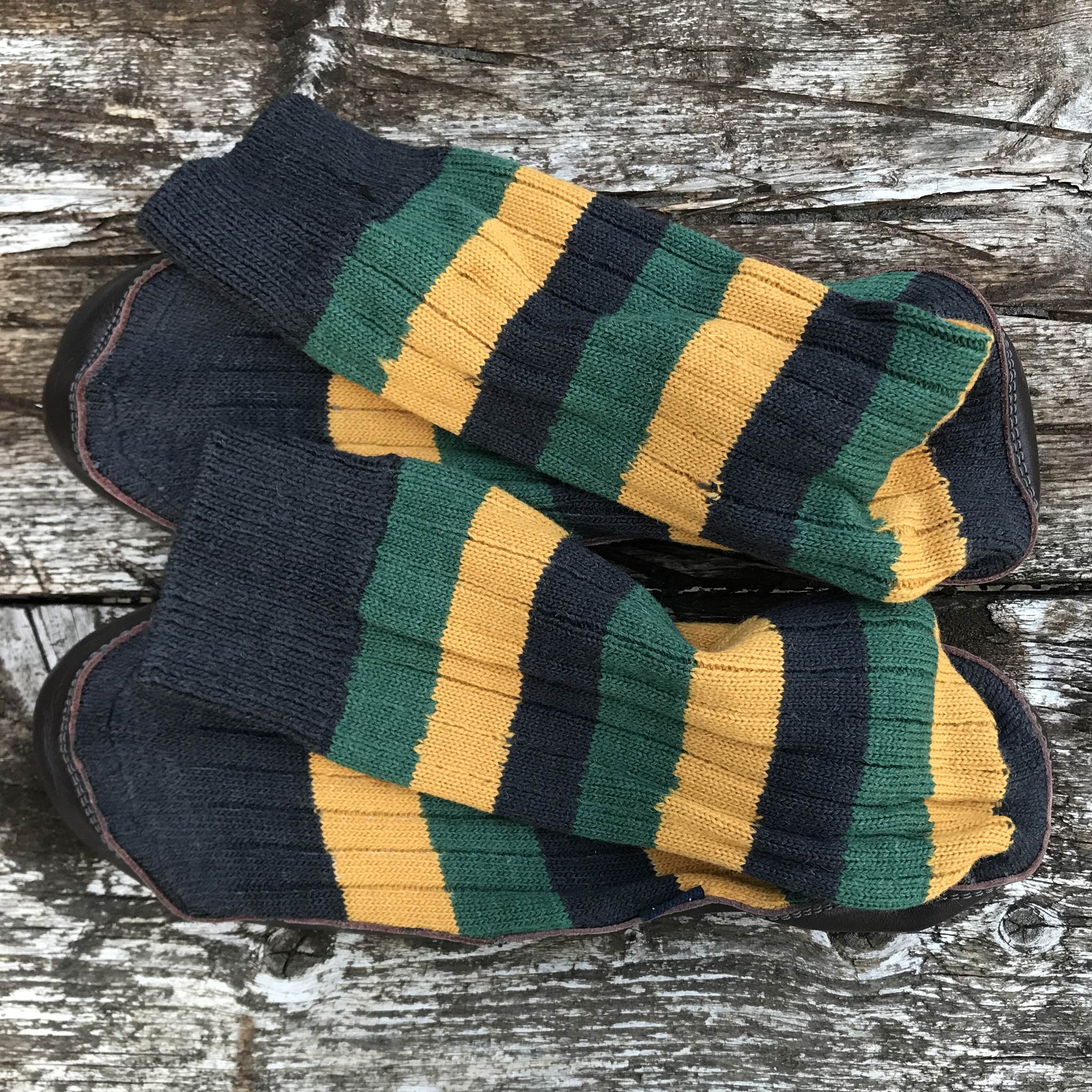 Slipper Sock black, green and mustard stripe - overhead view