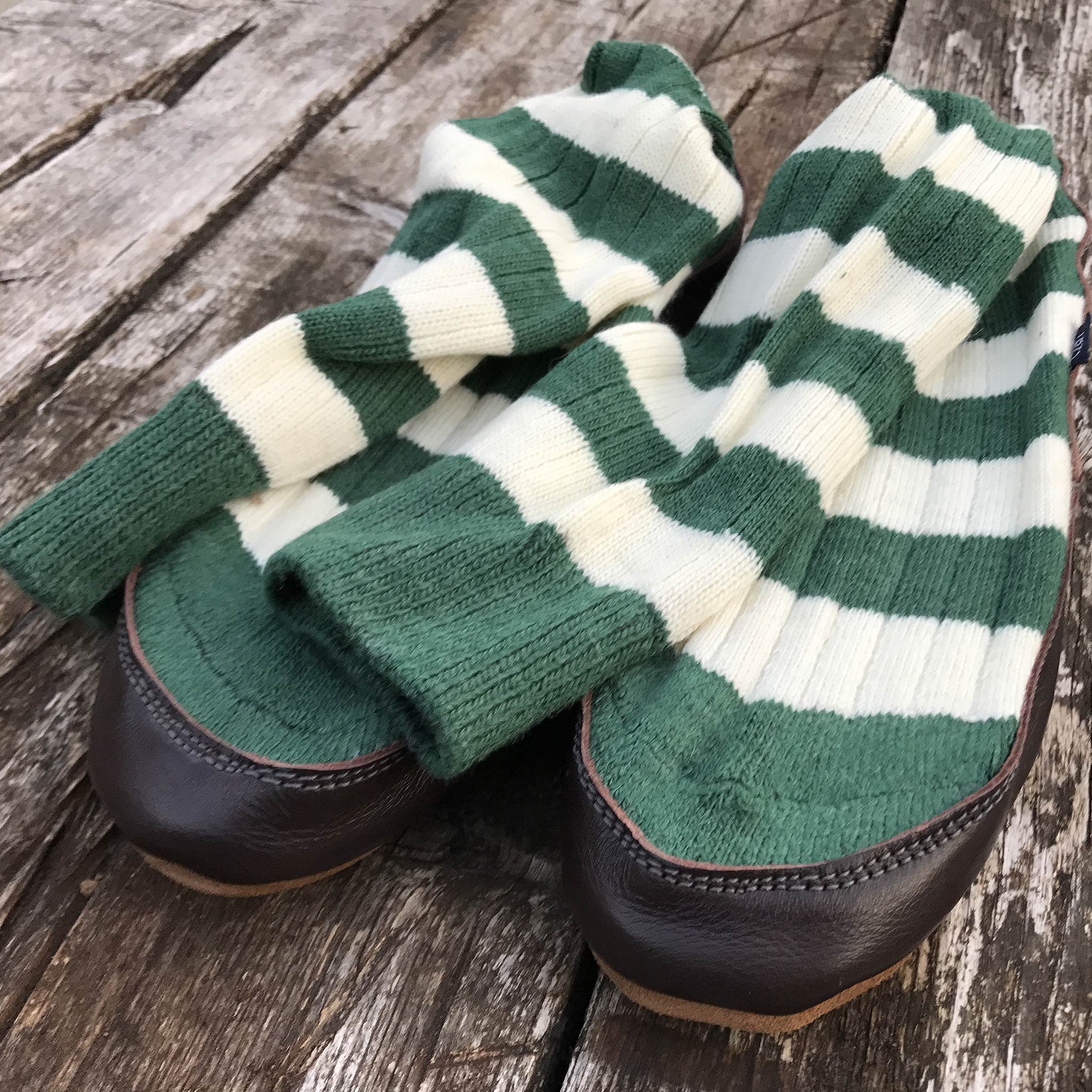 Slipper Sock green and white stripe - front view