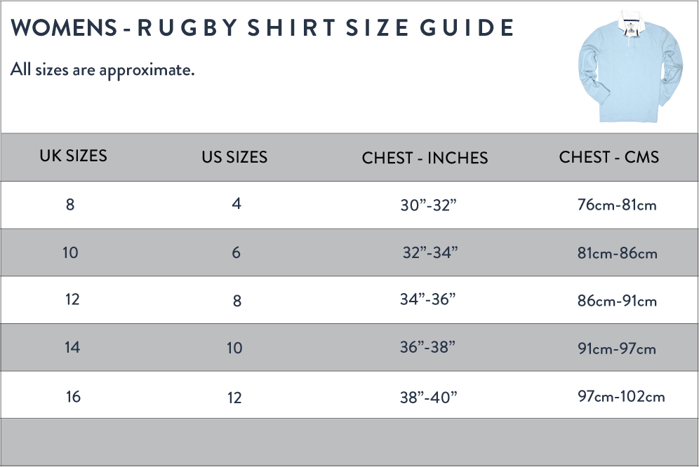 Womens Rugby Shirt Size Guide Inch and cms_2020